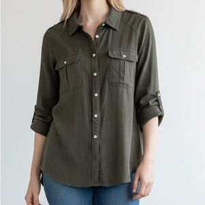 Banana Republic Herringbone Cotton Army Green Button Up Shirt
